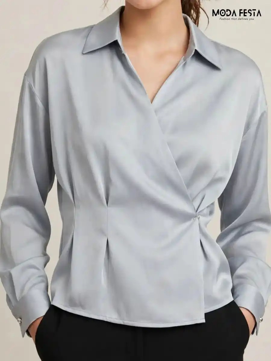 Light Blue Satin Wrap-Style Collared Long Sleeve Top